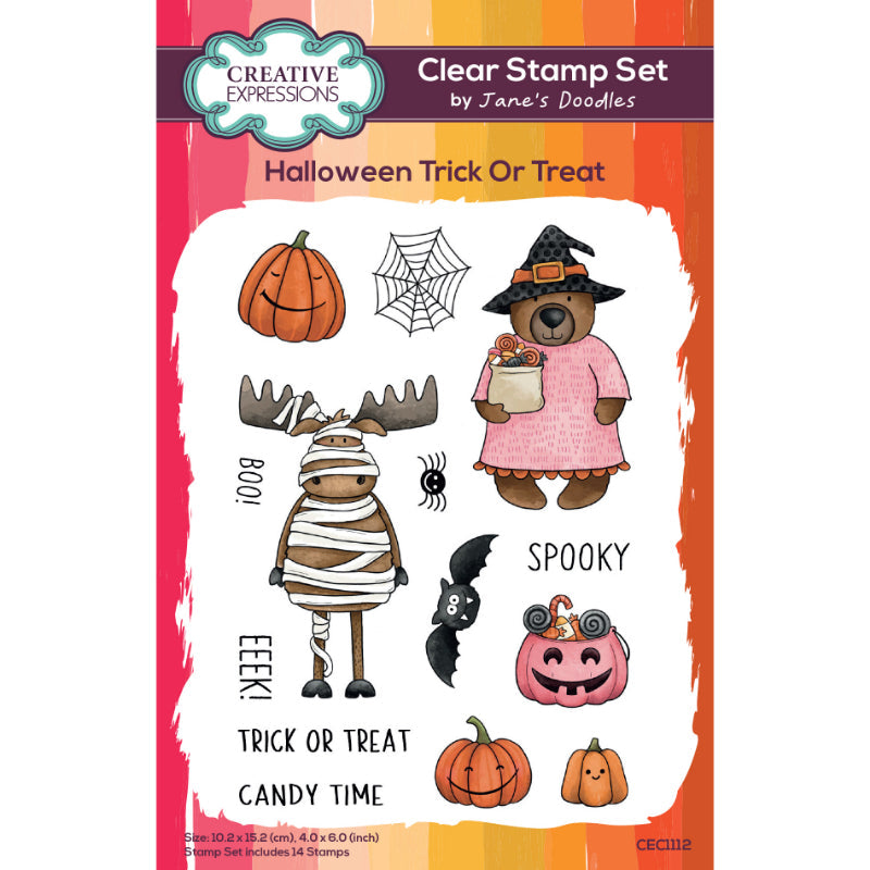Creative Expressions Jane's Doodles Halloween Trick Or Treat - Lot de tampons transparents 10,16 x 15,24 cm