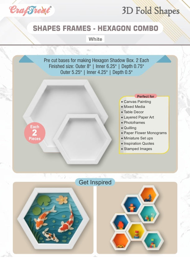 CrafTreat Formes Pliantes 3D - Cadres Blancs - Combo Hexagone 4 pièces