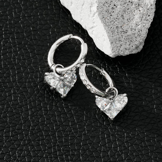 CREEDA Or Blanc (Tonalité Argentée) : Créoles Incrustées de Zirconium Style Vintage avec Pendentif Cœur en Moissanite