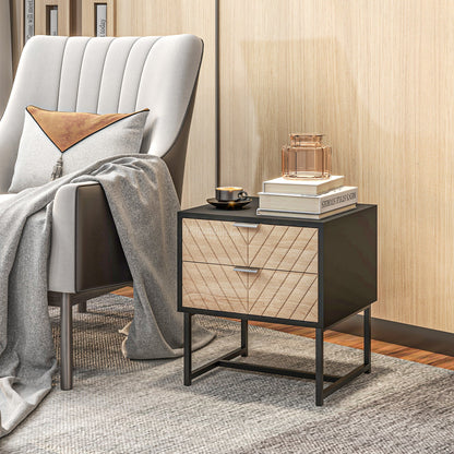 Emery Modern Bedside Table with 2 Drawers and Steel Legs-Black/Oak