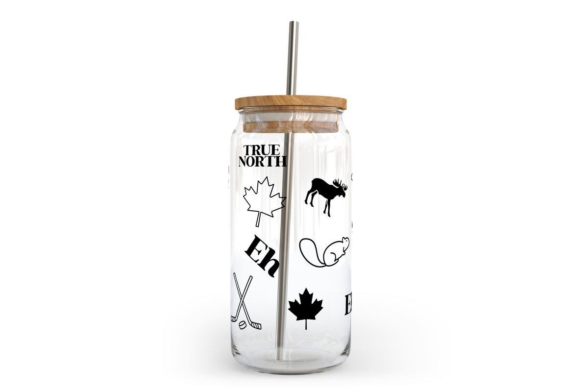 Gobelet en verre à motifs canadiens avec couvercle en bambou