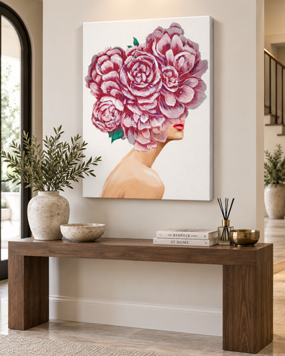 Bouquet Head — Floral Woman Portrait Canvas Wall Art | Peony Surrealist Fashion Print