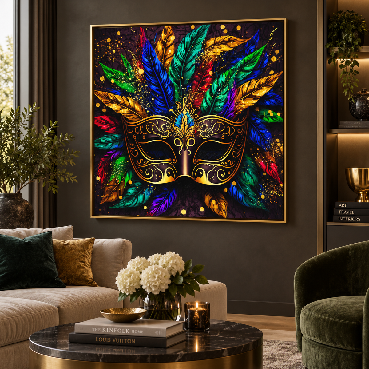 Venetian Masquerade Mask Canvas Wall Art | Colourful Feathers Gold Carnival Print