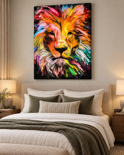 Colorful Lion Canvas Wall Art | Abstract Multicolor Lion Head Print | Gallery Wrap | 47"x35"