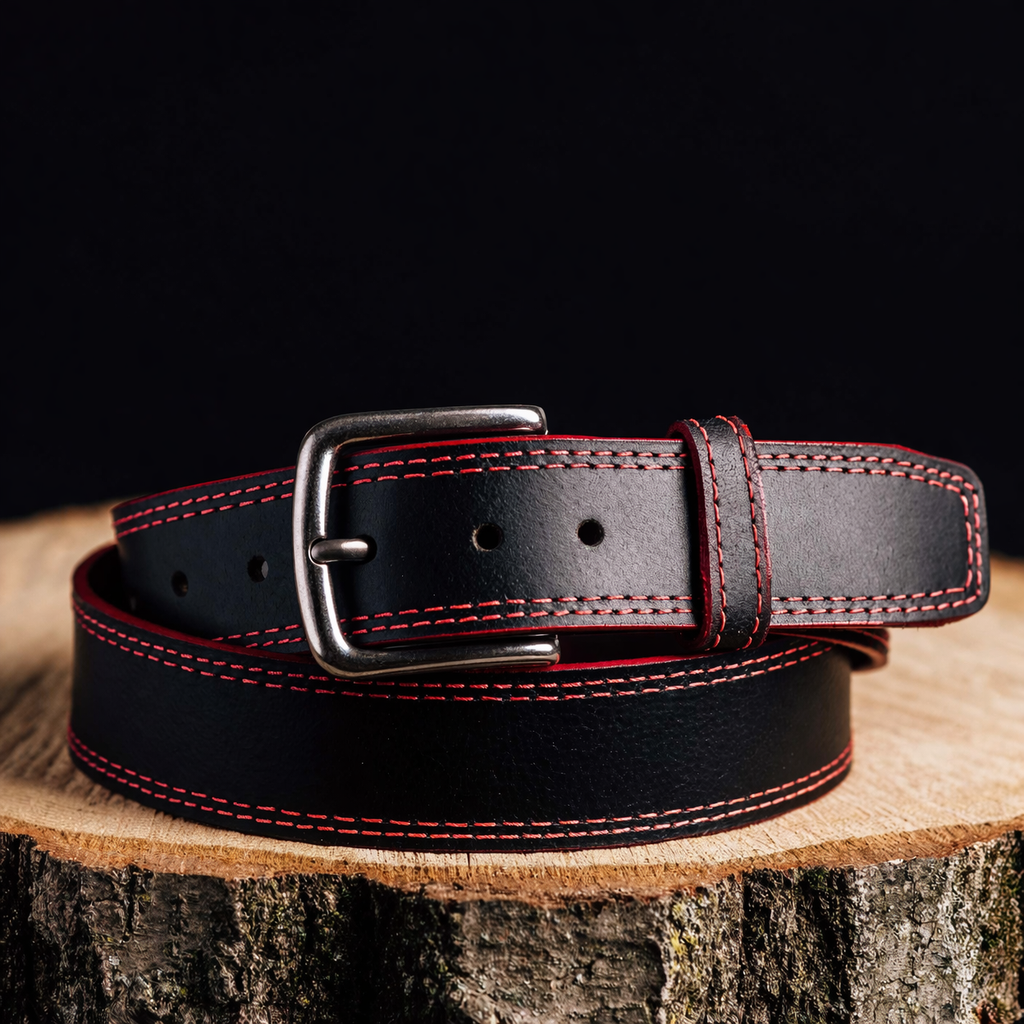 The Diablo Belt - Black Full Grain Leather Belt with Red Stitches