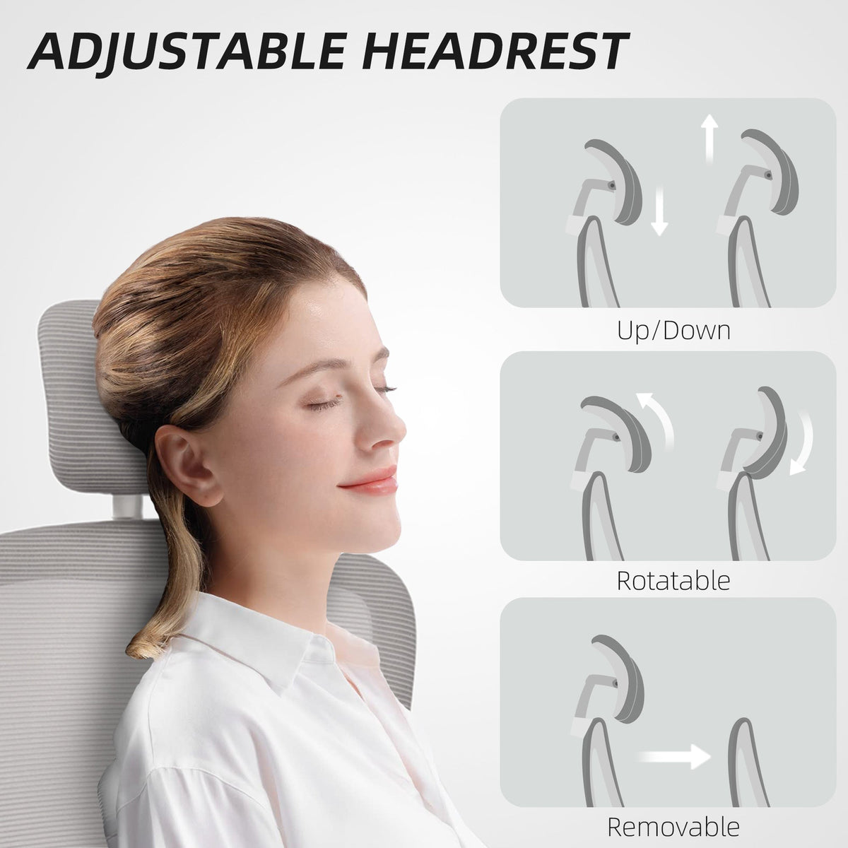 Chaise de bureau ergonomique en maille Owen avec dossier haut, appui-tête rotatif, accoudoirs relevables et support lombaire - Gris