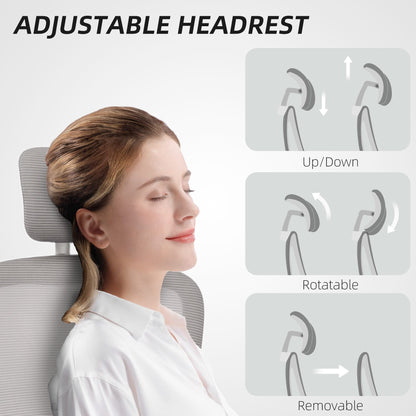 Chaise de bureau ergonomique en maille Owen avec dossier haut, appui-tête rotatif, accoudoirs relevables et support lombaire - Gris