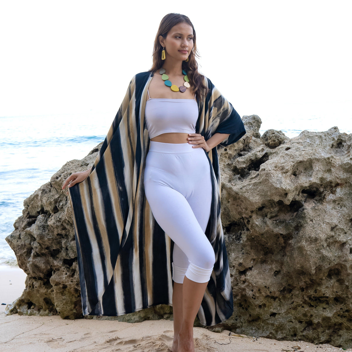Bold Abstract Tie Dye Long Kimono In Grey & Gold