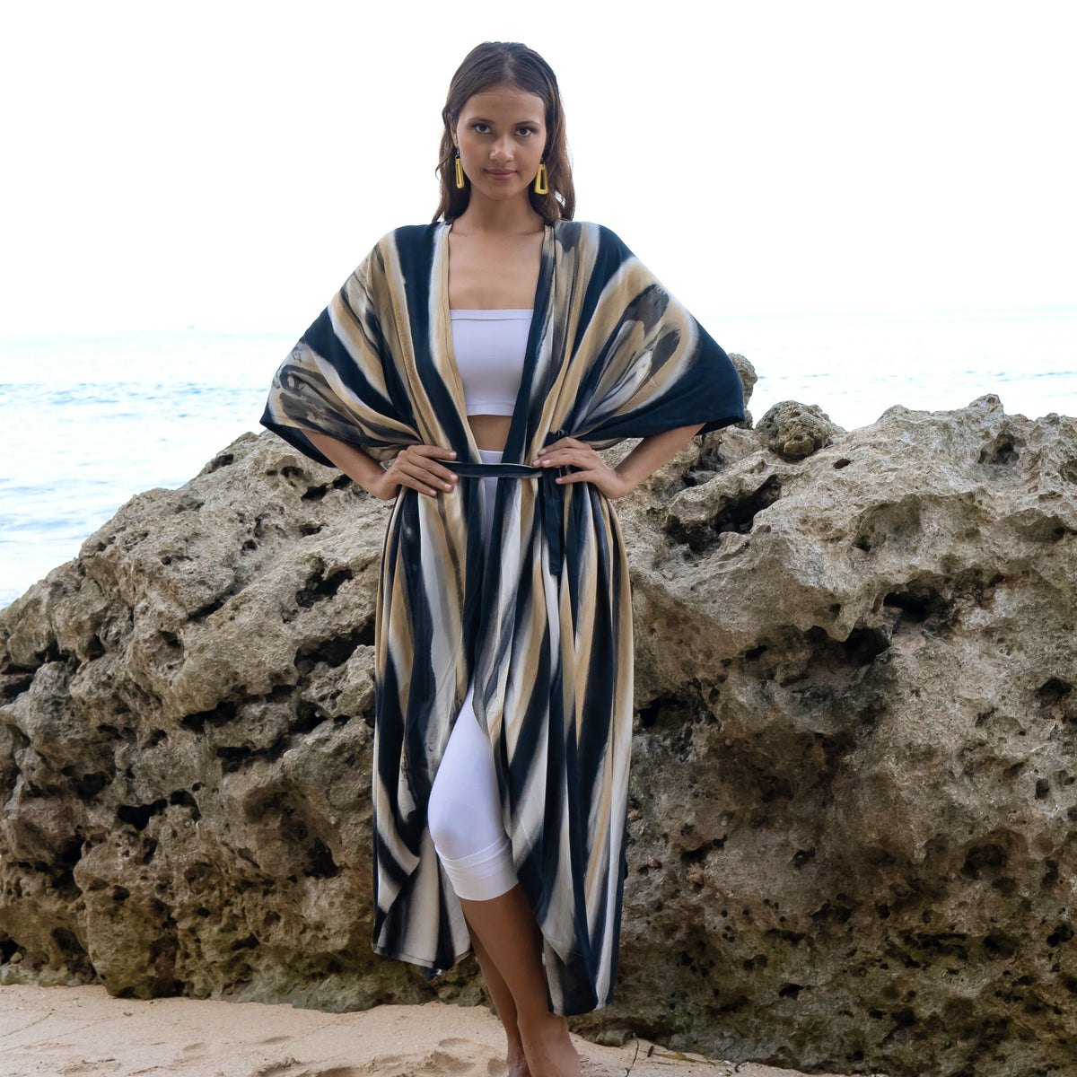Bold Abstract Tie Dye Long Kimono In Grey & Gold