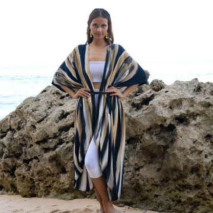 Bold Abstract Tie Dye Long Kimono In Grey & Gold