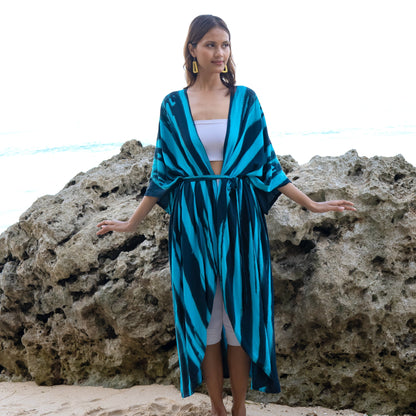 Bold Abstract Tie Dye Long Kimono In Teal & Black