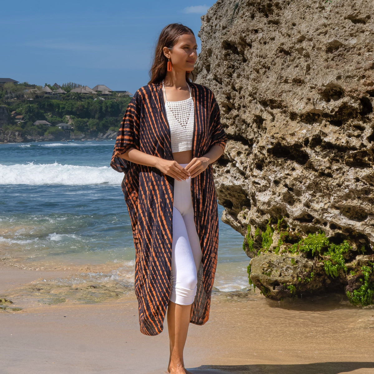 Long Kimono In Orange & Black Tie Dye