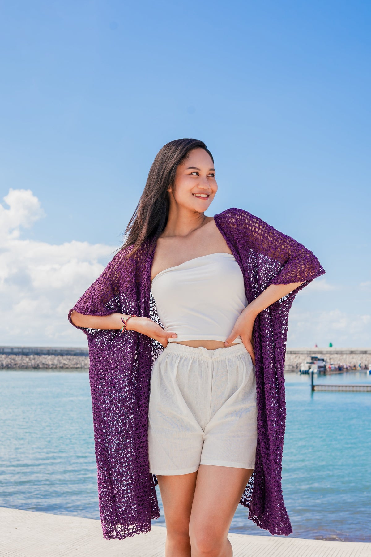 Kimono en tricot popcorn mi-long - Violet