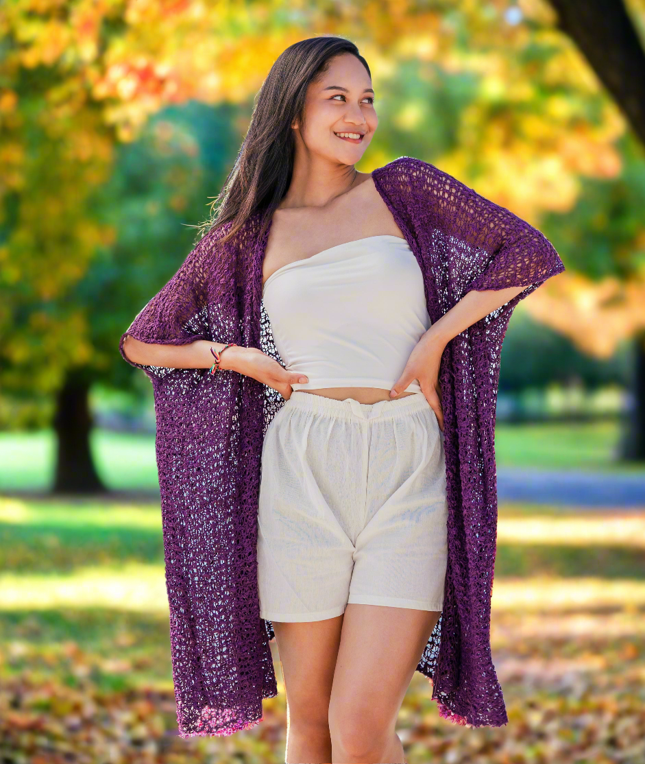Kimono en tricot popcorn mi-long - Violet