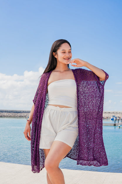 Kimono en tricot popcorn mi-long - Violet