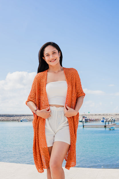 Kimono en maille texturée longueur mi-cuisse - Orange
