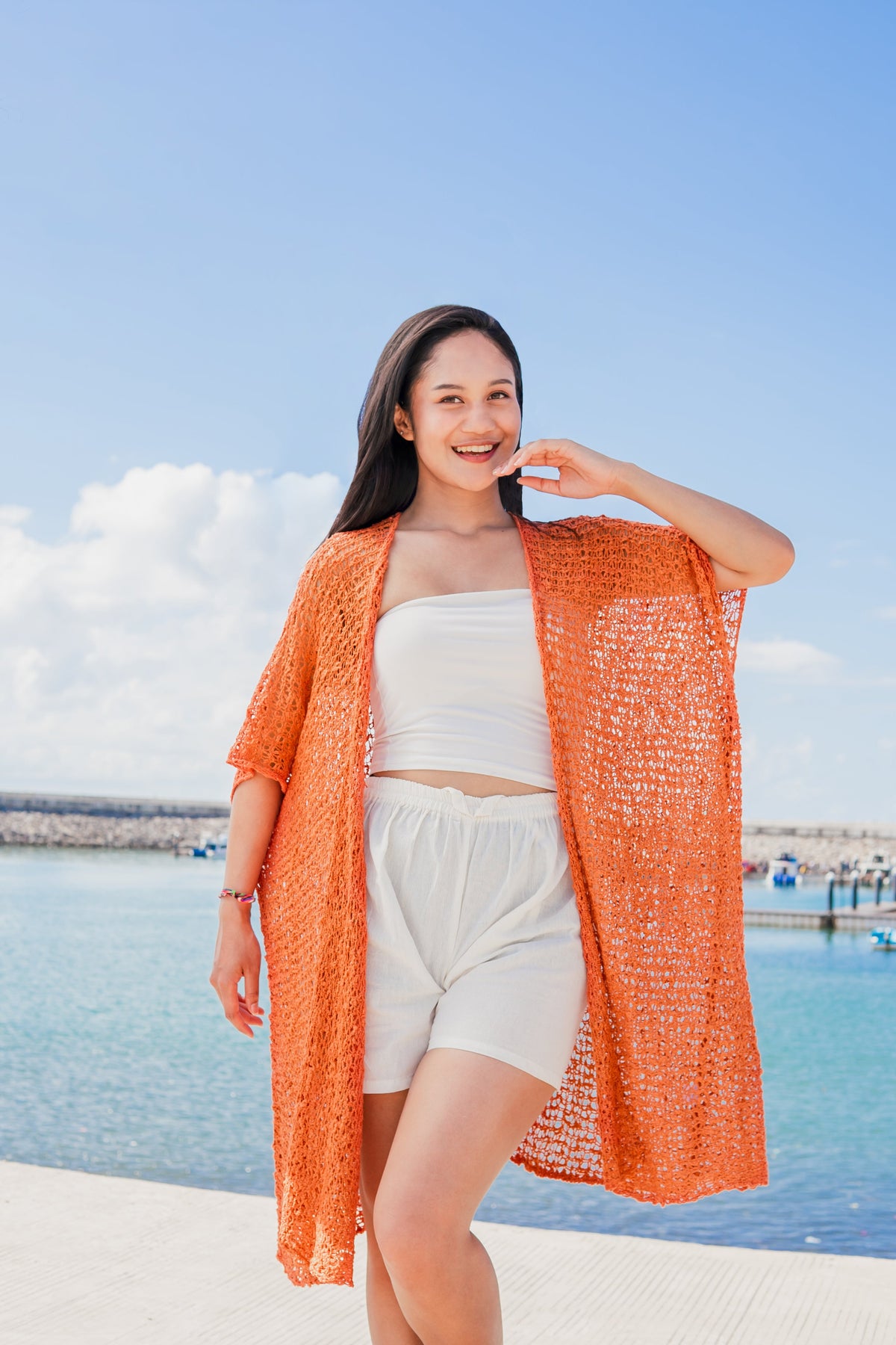 Kimono en maille texturée longueur mi-cuisse - Orange