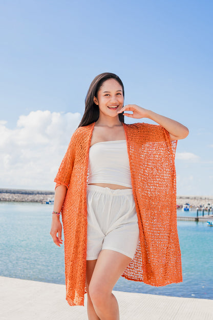 Kimono en maille texturée longueur mi-cuisse - Orange