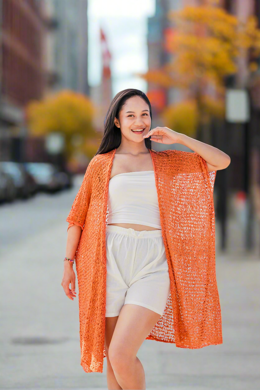 Kimono en maille texturée longueur mi-cuisse - Orange