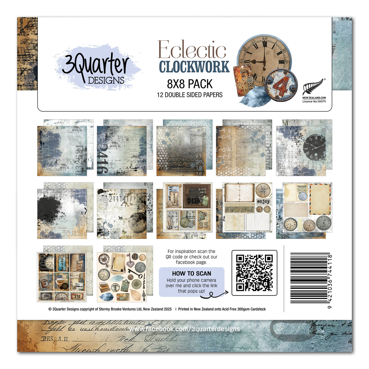 Pack de papiers 20x20 cm 3Quarter Designs Eclectic Clocks