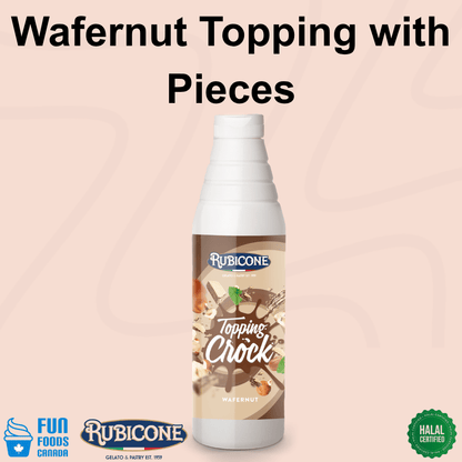 Hazelnut Topping with Pieces - 1 KG Squeeze Bottle - Wafernut Crock Topping - Rubicone Canada - Ships Free Within Canada on Orders Above CAD $199