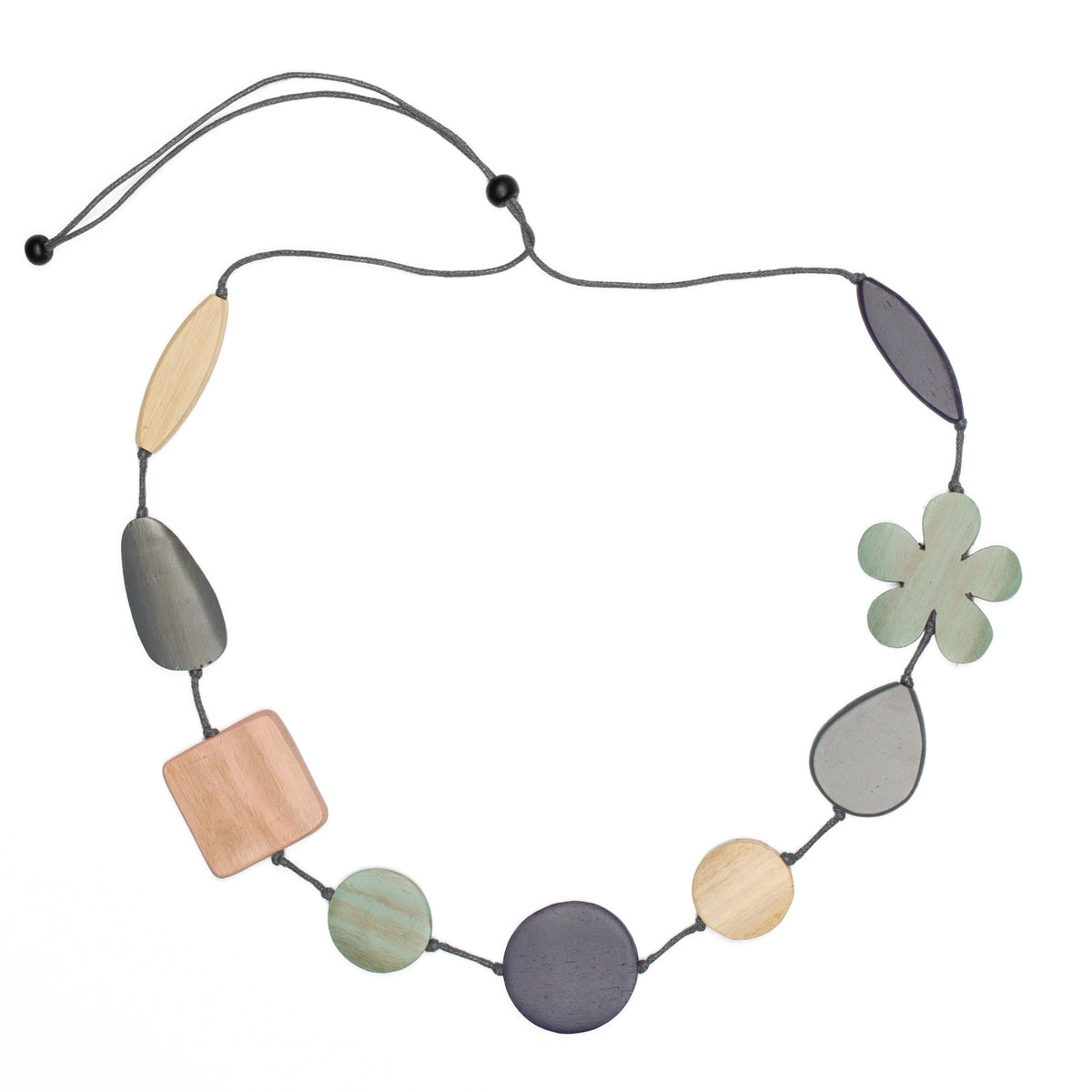 Collier formes variées et fleur en bois teinté