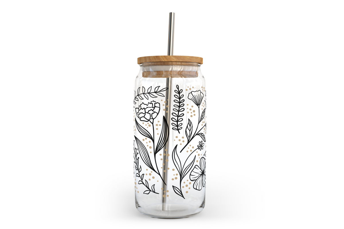 Bocal en verre à motif floral avec couvercle en bambou