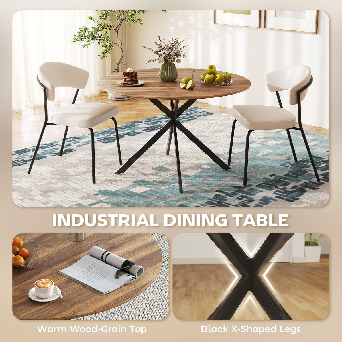 Table à manger industrielle ronde Amory 47" avec pieds en acier - Marron foncé/Noir