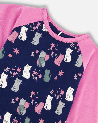 Ensemble de pyjama deux pièces en coton biologique, imprimé chats marine
