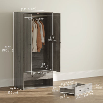 Armoire Briar avec 2 tiroirs et tringle à vêtements - Grise