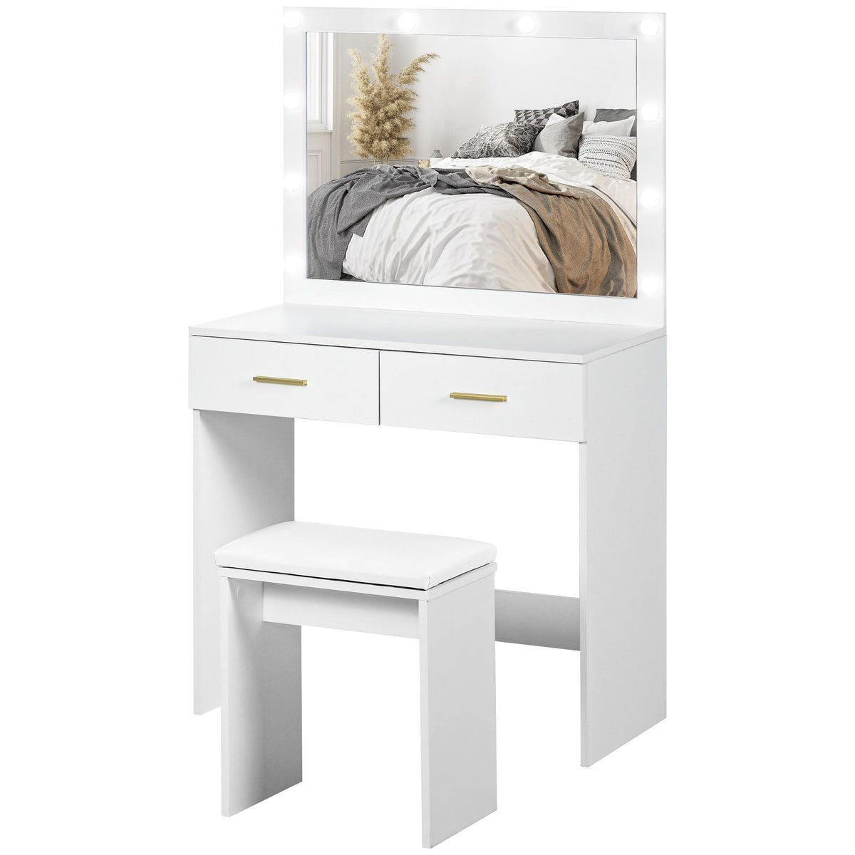 Olivia Vanity Desk Set with Stool and LED Lighting Mirror-White