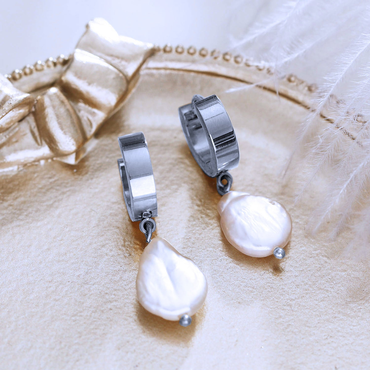 GAIA White Gold (Silver Toned):  Baroque Freshwater Pearls on Wide Mini Hoops