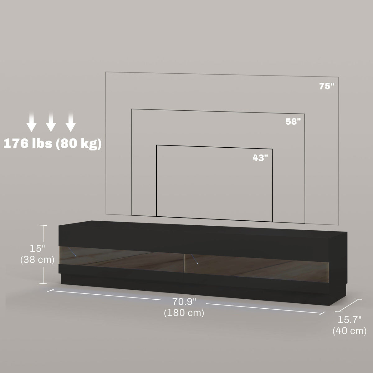Meuble TV Hart lumineux pour téléviseurs jusqu'à 75" - Noir brillant