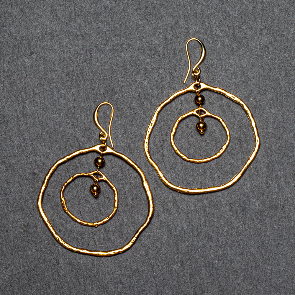 Beaten Double Ring Earring In Gold Plate