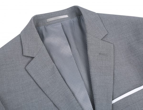 BUILD YOUR PACKAGE: Grey Stretch Trim Fit Suit (Package Includes 2 Pc Suit, Shirt, Necktie or Bow Tie, Matching Pocket Square, & Shoes)