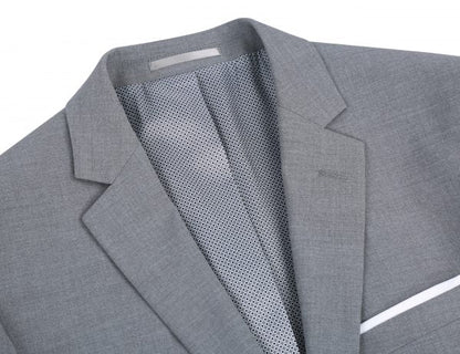 BUILD YOUR PACKAGE: Grey Stretch Trim Fit Suit (Package Includes 2 Pc Suit, Shirt, Necktie or Bow Tie, Matching Pocket Square, & Shoes)