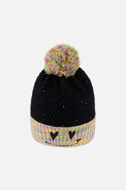 Bonnet en maille doublé avec pompon Noir et multicolore