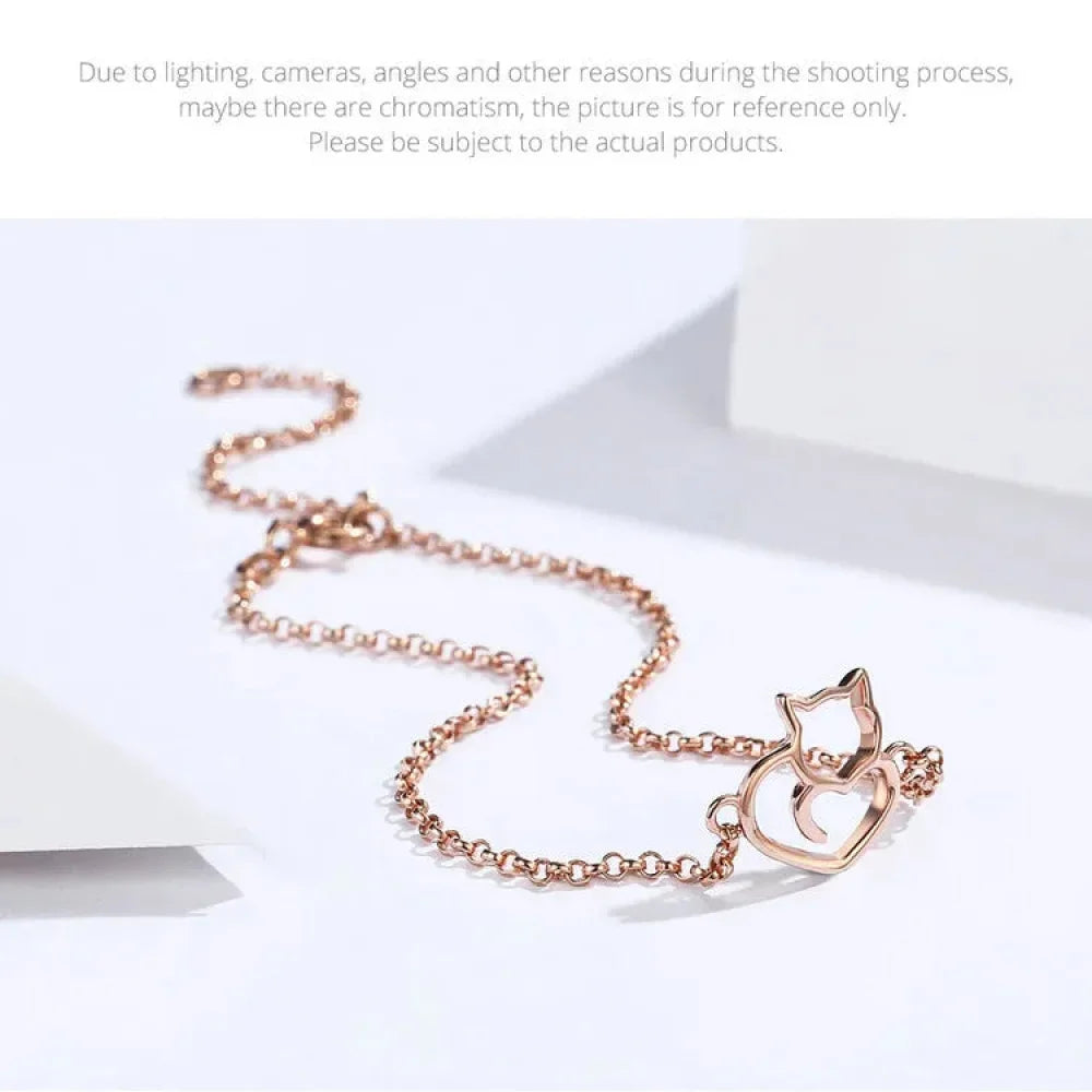 925 Sterling Silver Cat Heart Chain Bracelet