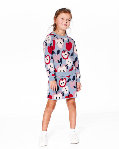 Jupe en maille bleue et rouge avec jacquard cœur et pomme