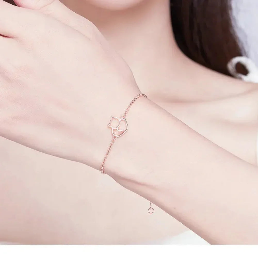 925 Sterling Silver Cat Heart Chain Bracelet