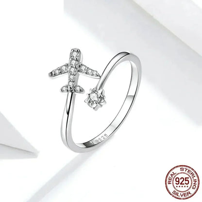 925 Sterling Silver CZ Flying Plane Open Ring