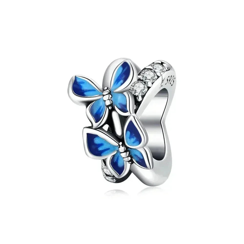 Pendentif en argent sterling 925 avec oiseaux colorés, fleurs, feuilles en oxyde de zirconium - Breloque pour bracelets et colliers