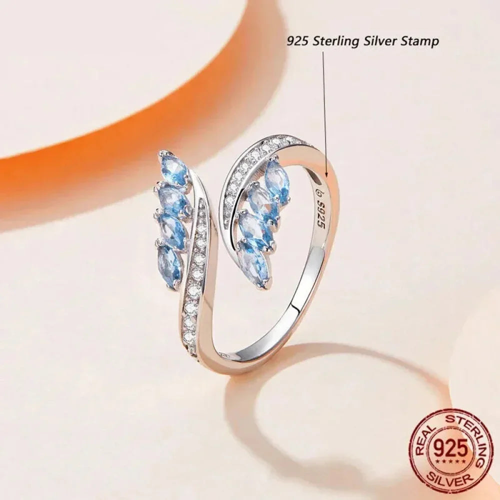 Bague ajustable en argent sterling 925 avec zirconium bleu, modèle Saule
