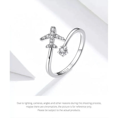 925 Sterling Silver CZ Flying Plane Open Ring