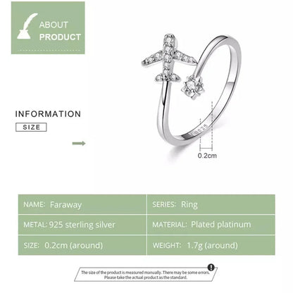 925 Sterling Silver CZ Flying Plane Open Ring