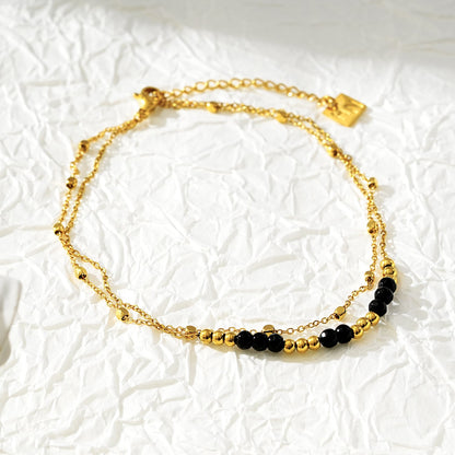 HILDA LG: Two-in-One Square Beads & Round Beads in Black & Gold Anklet.