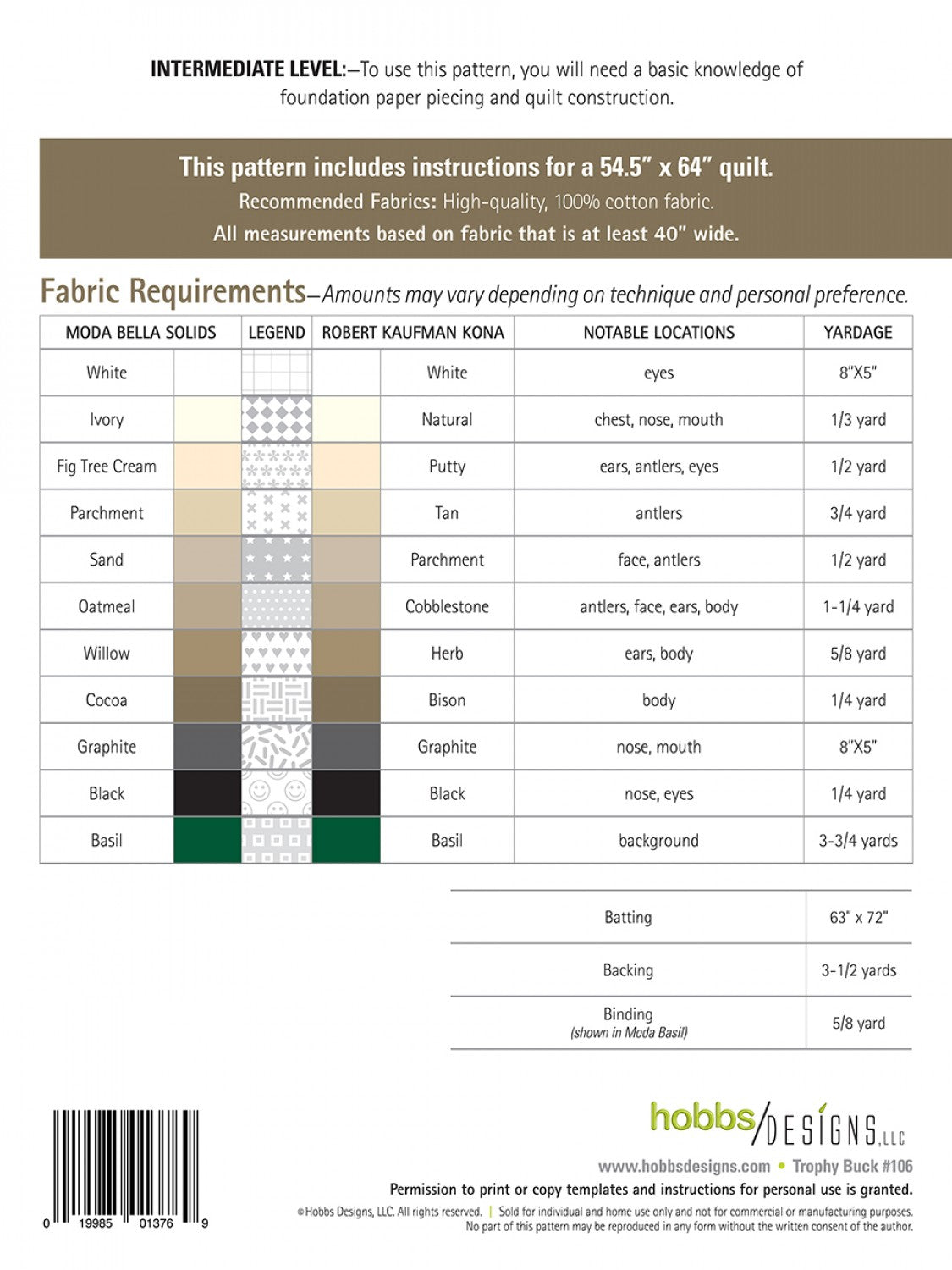 Trophy Buck - Un patron de courtepointe en paper piecing de Hobbs Designs #106