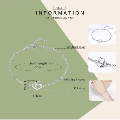 925 Sterling Silver Cat Heart Chain Bracelet