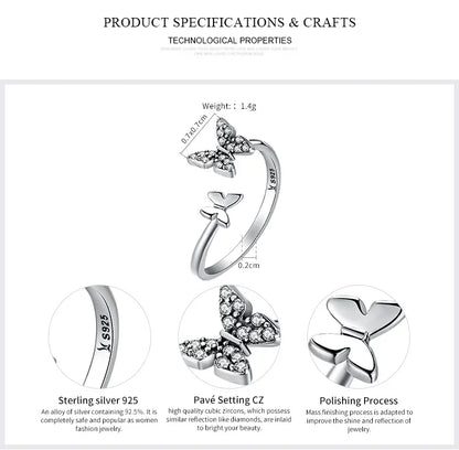 925 Sterling Silver CZ Butterfly Open Ring