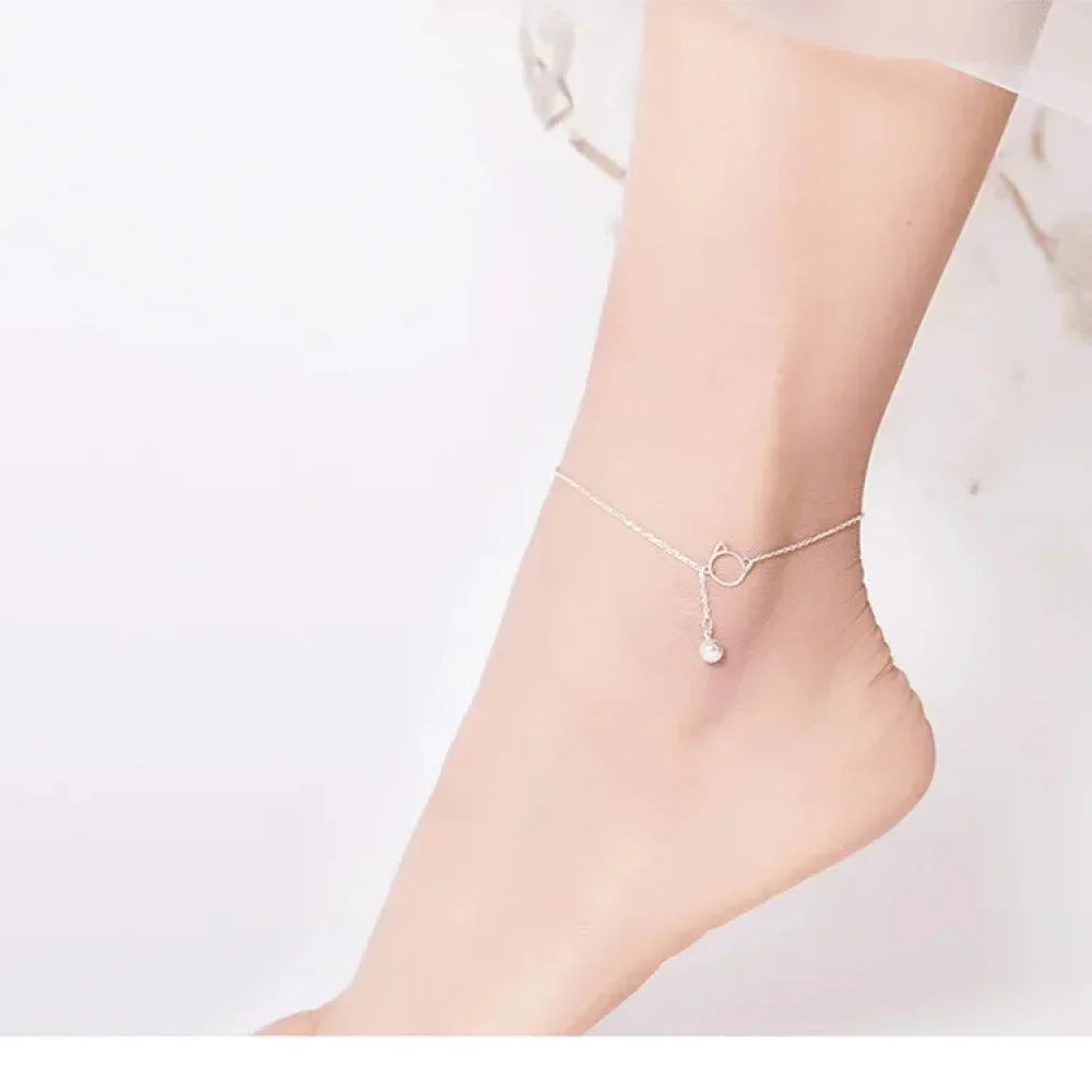 The Whimsical Cat & Bell 925 Sterling Silver Anklet